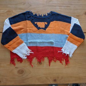 Frayed Distressed Striped Sweater